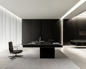 Oficina moderna y minimalista con tonos oscuros, luz suave y mobiliario elegante que transmite profesionalismo y serenidad.