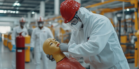 Automotive safety testing: Technician adjusts mannequin in factory setting for crash simulation in lab to ensure vehicle safety standards.