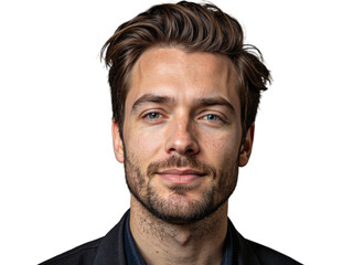 Obraz premium A well-dressed man with a trimmed beard, wearing a dark suit and shirt, stands against a transparent background