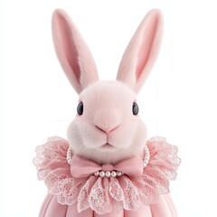 Obraz premium A cute pink rabbit dressed in a frilly collar and bow, presenting a charming and elegant look.