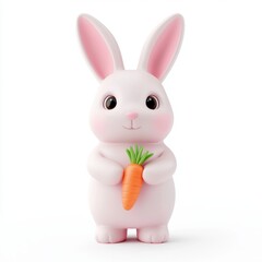 Obraz premium A cute cartoon rabbit holding a carrot, characterized by a soft, pink body and large expressive eyes, perfect for children's themes or Easter decorations.