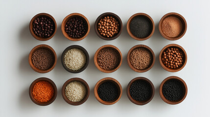 A visually striking flat lay of wooden bowls filled with beans, lentils, and grains, arranged around a central white space for symmetry.