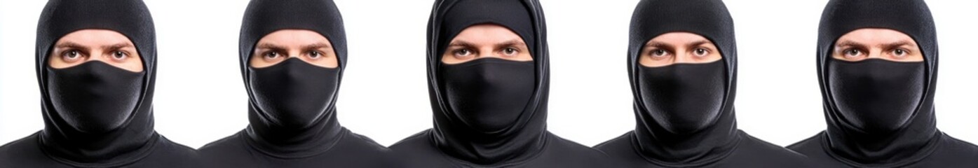 Naklejka premium Five men wearing black balaclavas against a white background. Close up view of their faces, showing serious expressions. Neutral lighting