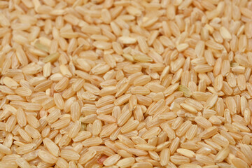 A close-up, overhead shot of a pile of brown rice grains showcases their natural texture and earthy color, emphasizing their wholesomeness and dietary value