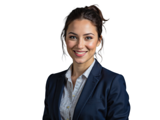 A professional young woman in a dark business suit smiles at the camera against a transparent background