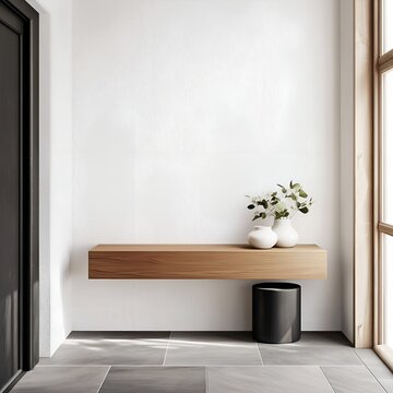 Minimalist entryway with floating wooden console and decorative vases. Ideal for interior design mockup and advertisement. Generative AI.