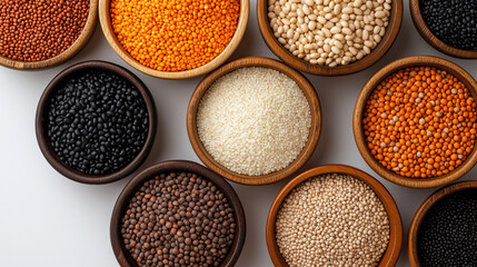 An overhead composition of wooden bowls containing beans, lentils, and grains, arranged in harmony around a pristine white center.