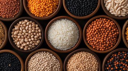 An overhead composition of wooden bowls containing beans, lentils, and grains, arranged in harmony around a pristine white center.