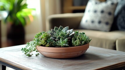 Succulent Garden Centerpiece on Coffee Table Adds Freshness to Living Room