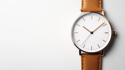 A minimalist wristwatch with a brown leather strap is elegantly laid against a soft backdrop, signifying a blend of simplicity and modern luxury for discerning wearers.
