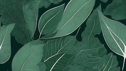 Emerald Green Tropical Leaf Line Art