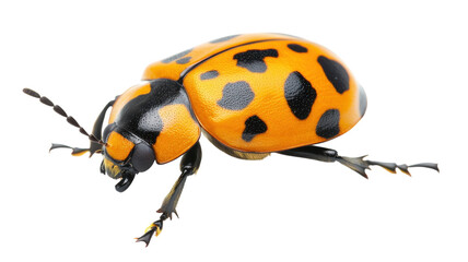 Fototapeta premium Bright orange and black beetle crawling across a white surface in a well-lit environment