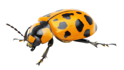 Bright orange and black beetle crawling across a white surface in a well-lit environment