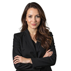 Obraz premium A businesswoman wearing a black suit with curly hair, standing with her arms crossed against a transparent background