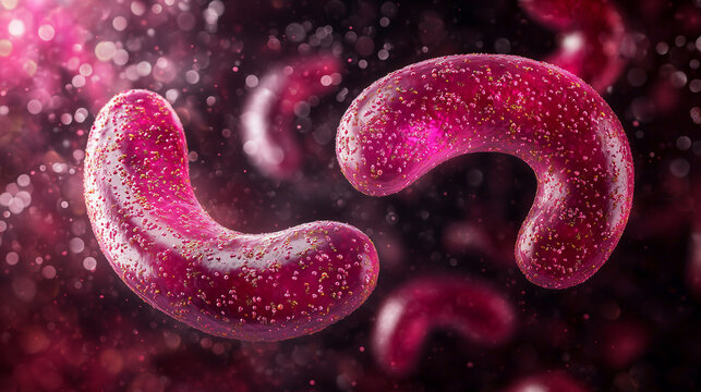 Microscopic 3D Render of Vibrio Bacteria Crimson Colored Pathogens Infectious Disease Research