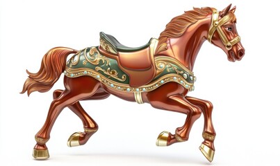 Classic carousel horse prancing on white background, ideal for entertainment visuals