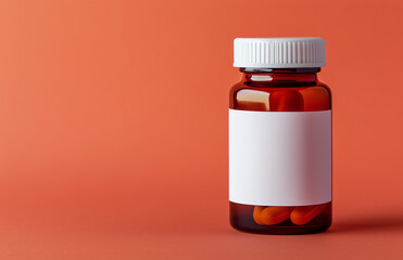 Obraz premium Blank amber glass pill can with white label mockup, isolated. Empty transparent bottle with medical capsule for treatment mock up, front view. Clear antibiotic or aspirin pills mokcup tempalate.