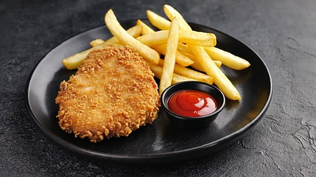 Fried chicken cutlet, french fries, and ketchup on a black plate.