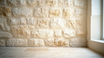 Fototapeta premium A cat rests calmly on the floor, positioned against a rustic stone wall, creating a serene indoor atmosphere.