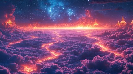 Fiery Cloudscape Fantasy Art with Temples and Stars