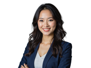 A professional woman wearing a navy blazer and white blouse poses against a transparent background