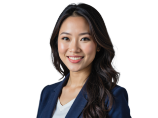 A smiling Asian woman with long brown hair wearing a navy blue blazer and white shirt, posing against a transparent background