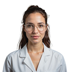 A woman wearing clear glasses and a lab coat poses against a transparent background
