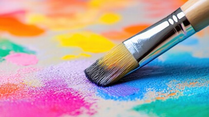 Fototapeta premium Close up of a paintbrush applying vibrant colors to a canvas, showcasing colorful paint strokes and textures