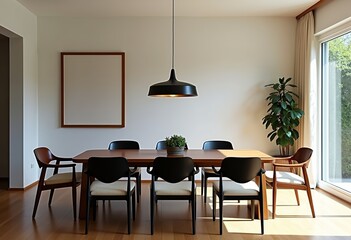 Tranquil Mid-Century Dining Room: White Walls, Wood Floors, and Natural Light - Blank Wall for Art, Pendant Lights, and Black & Wood Chairs.

