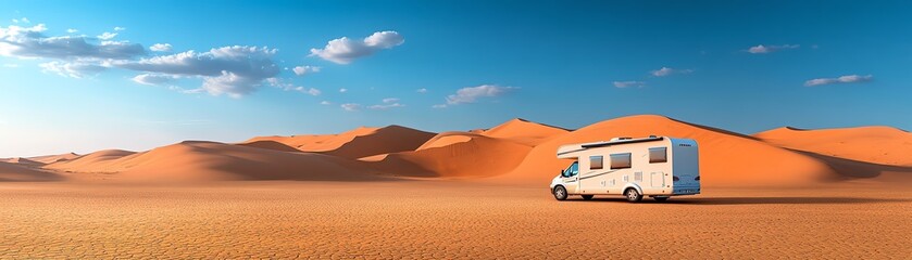 Fototapeta premium A beautiful desert scene with a white RV parked in the open, surrounded by endless sand dunes, clear sky, peaceful and serene environment, soft sunlight, highresolution shot
