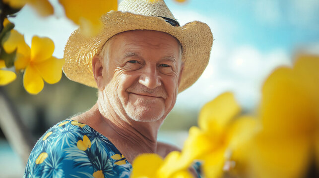 Smiling senior man wearing a straw hat and floral shirt.  Outdoor portrait.