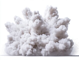 A large, off white smoke plume explodes against a stark white background. Fine particles are scattered at the base. The overall effect is dramatic