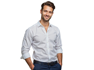 Fototapeta premium A portrait of a man wearing a white dress shirt, standing with his hands in his pockets.