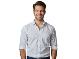 A smiling young man wearing a white dress shirt and dark pants against a transparent background