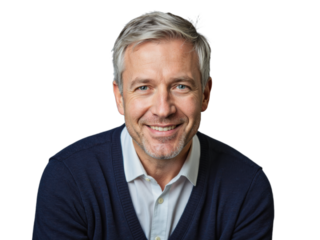 A middle-aged man with short transparent hair wearing a navy blue cardigan and white collared shirt, smiling against a transparent background