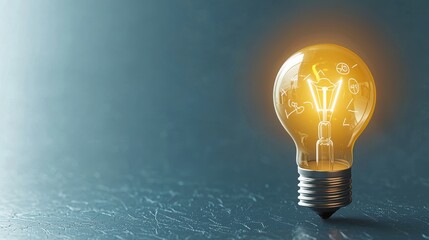 Light Bulb with Creative Ideas and Innovation Symbols Glowing in Dark Background Reflecting Concept of Inspiration