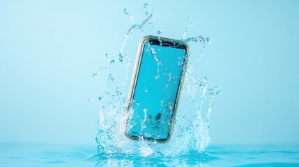 A smartphone is captured in the moment of an energetic splash, emphasizing the dynamic relationship between modern devices and the unpredictability of the natural world.