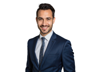 A young man wearing a dark suit and tie stands against a transparent background