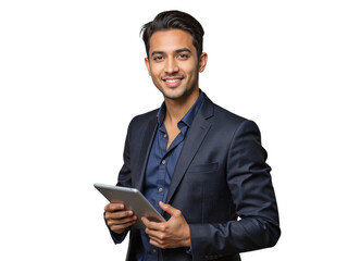 A well-dressed man in a suit holds a tablet with a neutral expression on his face