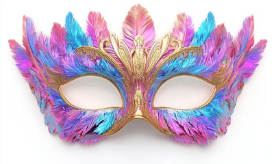 Colorful feathered masquerade mask isolated on white for festive events