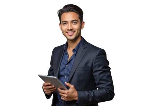 A well-dressed man in a suit holds a tablet with a neutral expression on his face