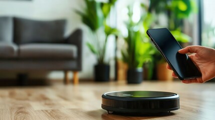 Obraz premium Hand Holding Smartphone Controlling Robot Vacuum Cleaner in a Modern Living Room with Plants