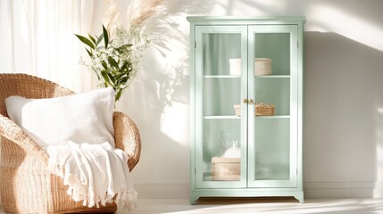 A charming mint green display cabinet complements a brightly lit room, emphasizing elegance and minimalism through natural decor and soothing colors for an inviting atmosphere.