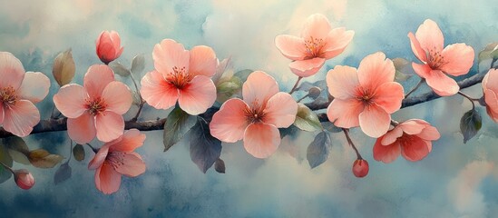Delicate pink blossoms on a branch against a soft blue sky.