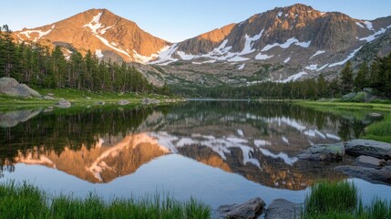 Fototapeta premium Reflecting Lake Surrounded by Snow-capped Mountains and Forest Trees
