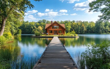 Obraz premium Charming lake house with a dock leading to a tranquil lake, picturesque surroundings, vibrant trees and water, bright blue sky, peaceful and serene, highdefinition detail