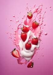 Strawberry falling into splashing milk