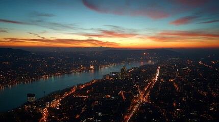 Fototapeta premium Cityscape sunset over river, aerial view