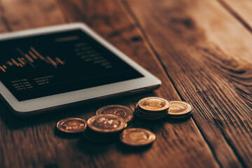 Digital Currency Investment Stock Market Graph on Tablet with Cryptocurrency Coins on Wooden Desk