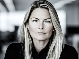 Fototapeta premium Confident businesswoman with blonde hair in professional office setting strong leadership presence poised and determined expression modern corporate branding high resolution stock photo